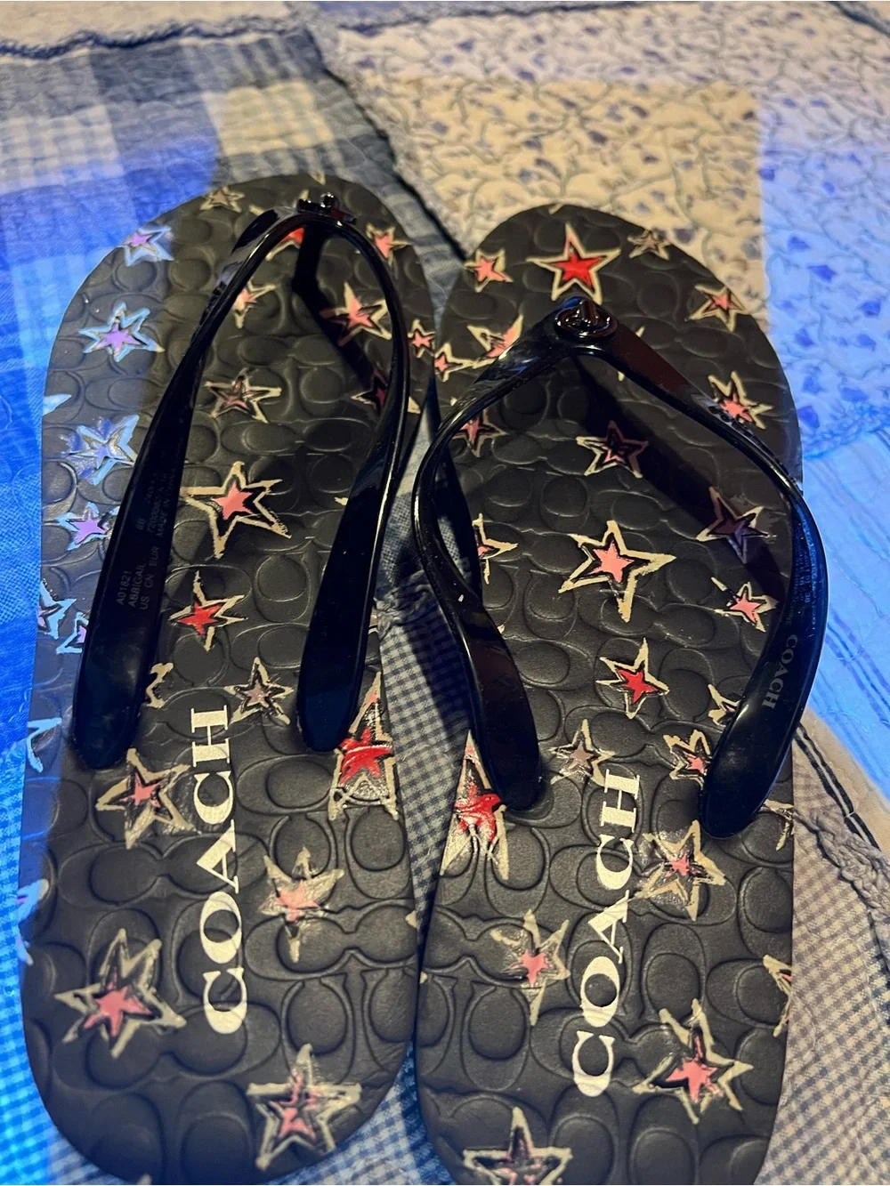 Coach Black Flip Flops with Pink and White Star Print - Picture 4 of 6